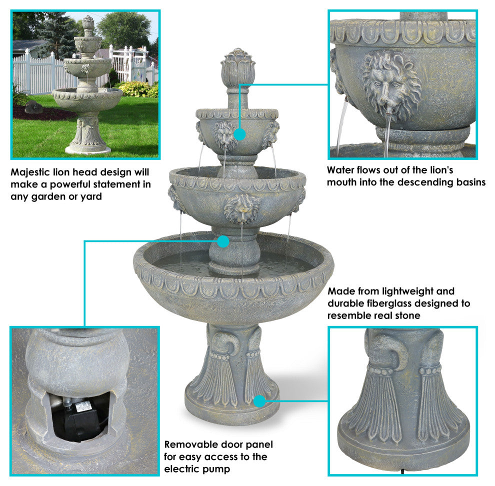 Sunnydaze 4-Tier Lion Head Outdoor Water Fountain Backyard Patio Feature - 53"