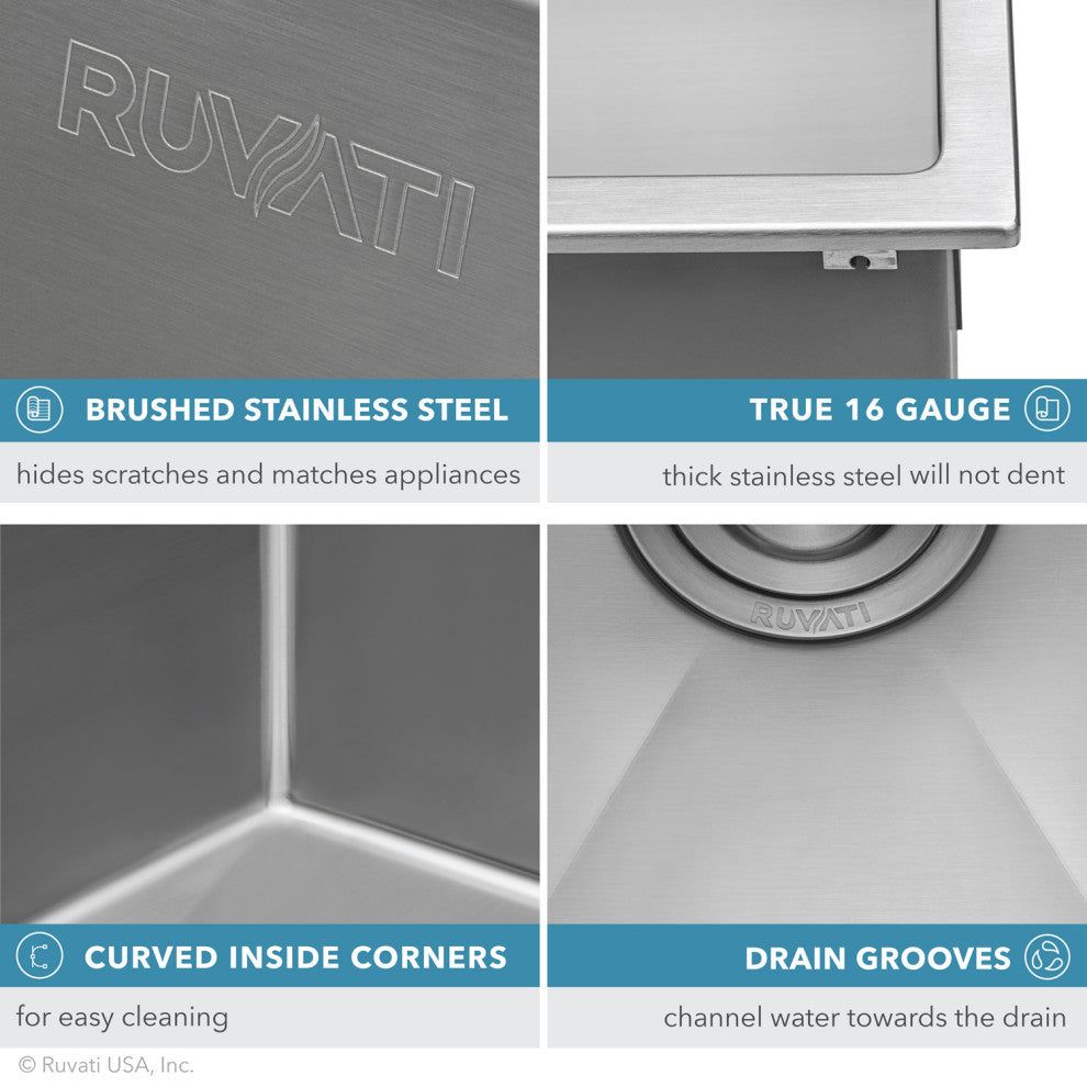 Ruvati RVH8005 33 x 22 Drop-in Tight Radius 16 Gauge Topmount Kitchen Sink