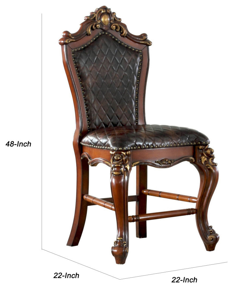 Leatherette Padded Counter Height Chair With Carvings, Set of 2, Brown
