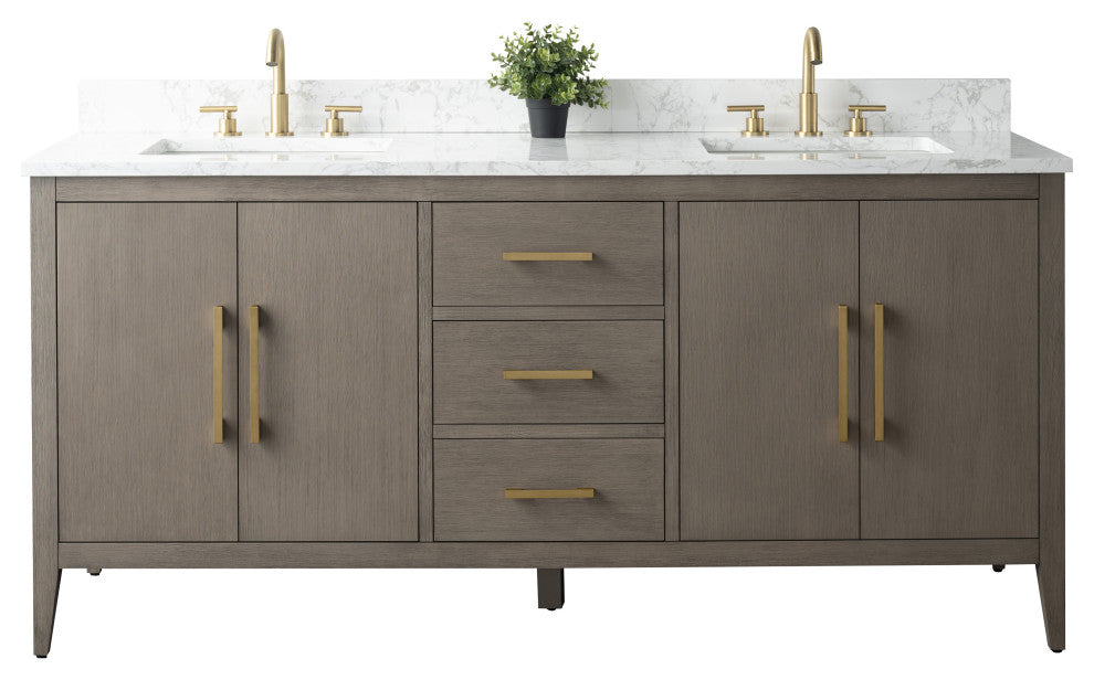 Vanity Art Bathroom Vanity With Sink, Driftwood Gray, 72", Double Sink, Golden Brushed