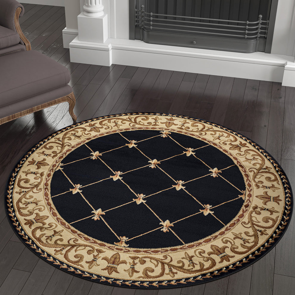 Orleans Traditional Border Area Rug, Black, 5'3" Round