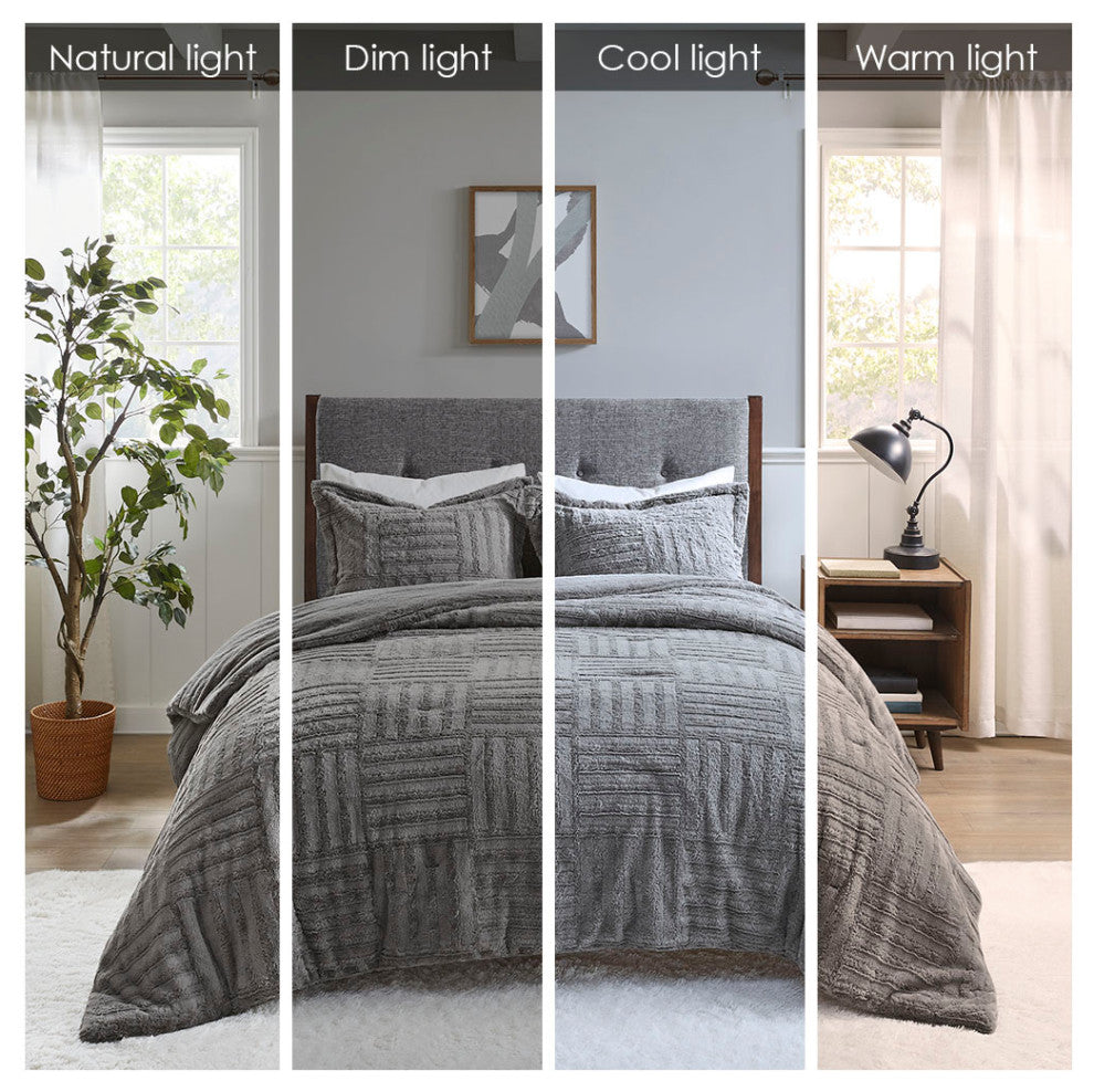 Madison Park Arctic 3-Piece Faux Faur Checkbord Comforter Set, Grey