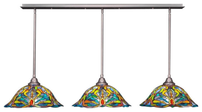 3 Light Mini Pendant In Brushed Nickel, 19" Kaleidoscope Tiffany Glass