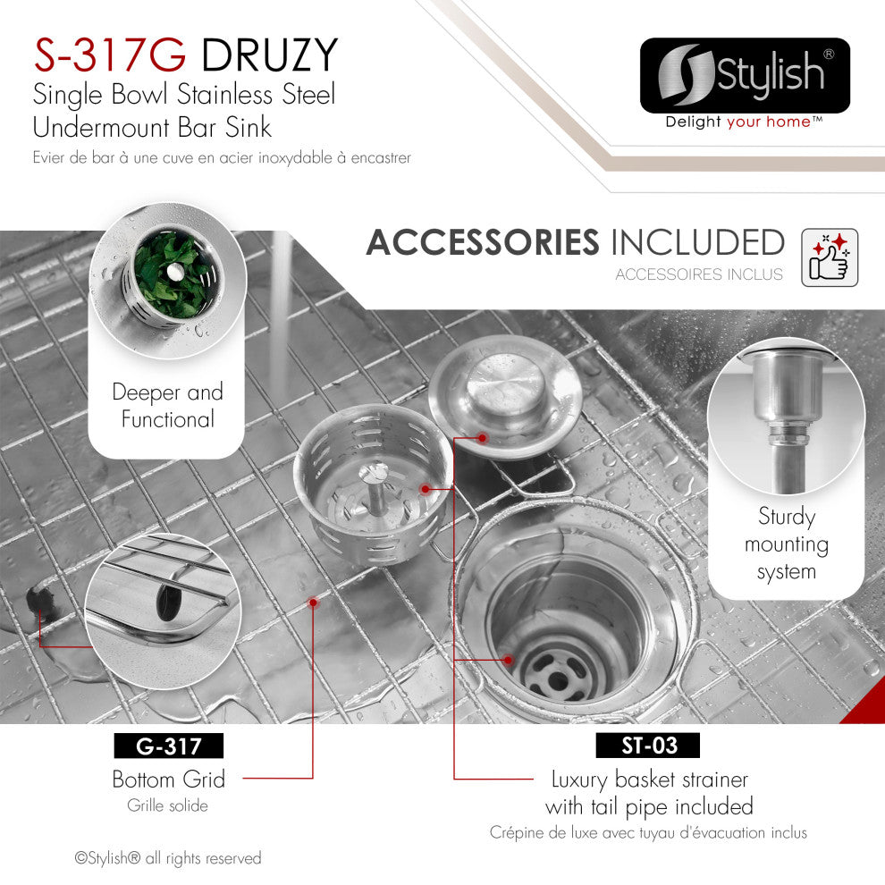 STYLISH 15"L x 15"W Stainless Steel Single Basin Undermount Bar Sink with Grid