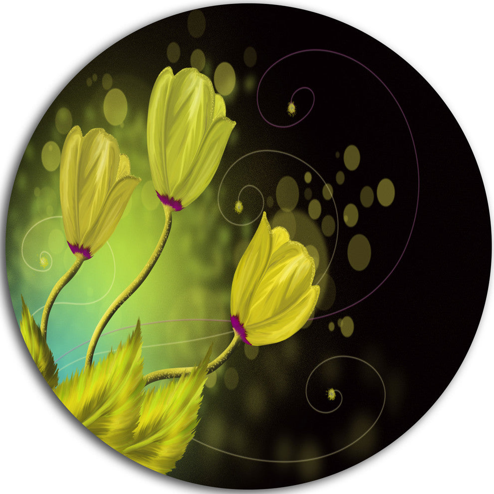 Golden Flowers Greeting Card, Floral Art Round Metal Wall Art, 36"
