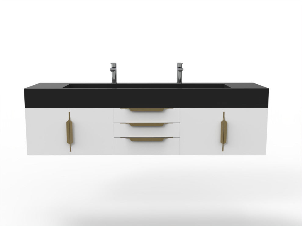CastelloUSA Nile 72" Wall Mounted Bathroom Vanity Set, White, Black Top, Gold Handles