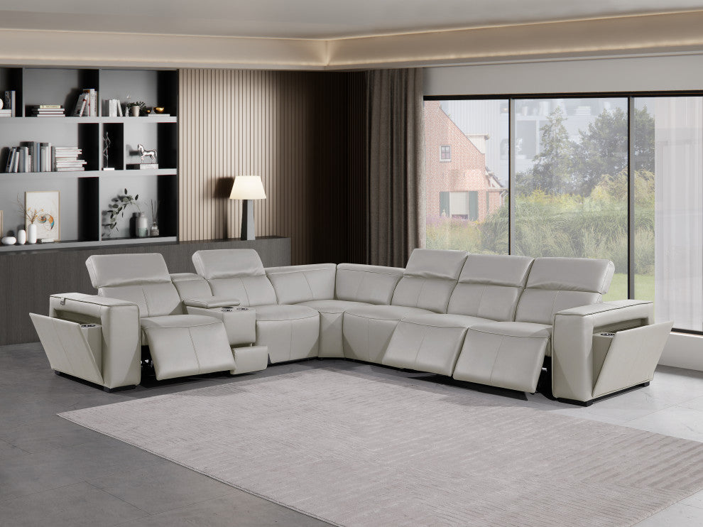 Niccolo Italian Leather 7-Piece L-Shaped Power Reclining Sectional, Light Gray