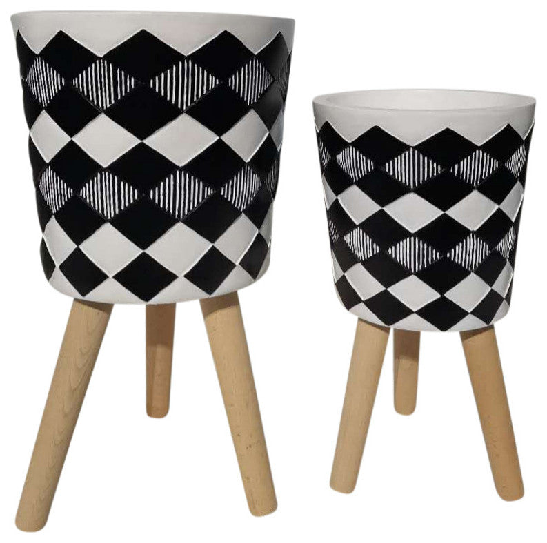 2-Piece Set Diamond Planter With Wood Legs, Black