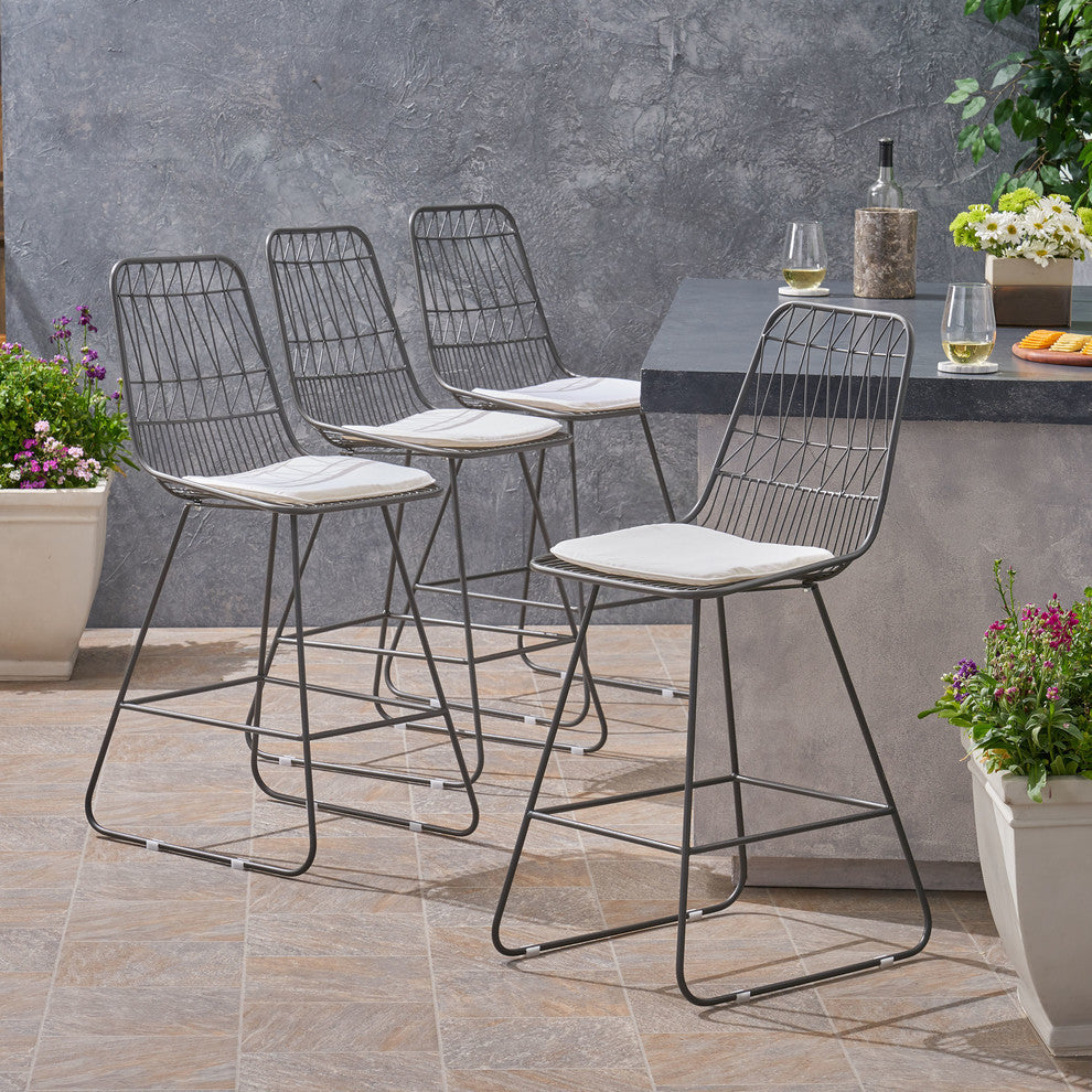 Ella Outdoor Wire Counter Stools with Cushions, Set of 4, Gray Finish, Ivory