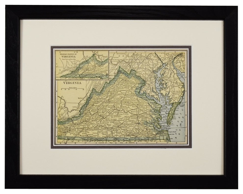 Vintage Virginia State Map, Framed Original Virginia Map- Authentic 1920s
