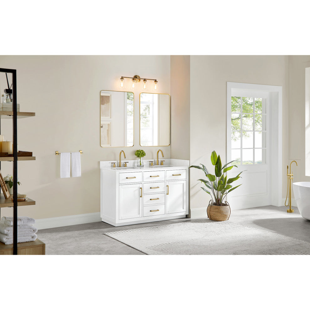 Gavino Vanity With Grain White Composite Stone Top, White/Brushed Gold, 54", No Mirror