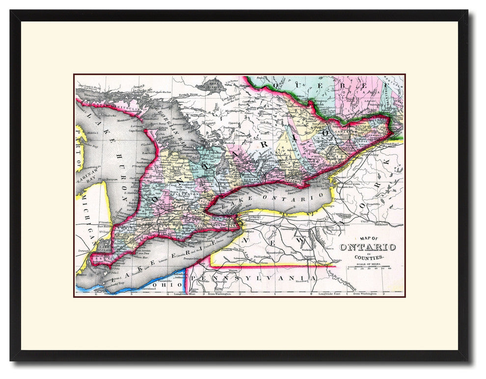 Ontario Canada Vintage Antique Map Wall Art, 16"x21"