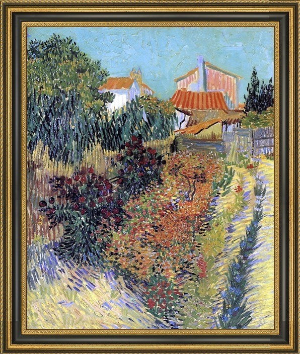 Vincent Van Gogh Garden Behind a House Framed Premium Canvas Print, 16"x20"