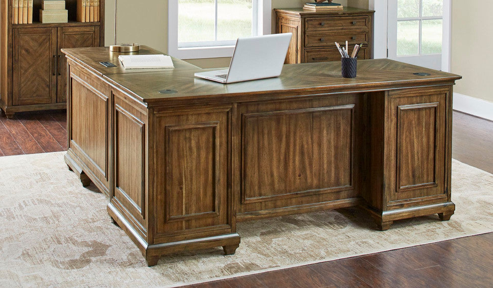 Traditional Wood L-Desk and Return Writing Table and Return Office Brown