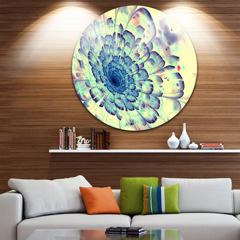Blue Fractal Flower With Red Details, Digital Disc Metal Artwork, 38"