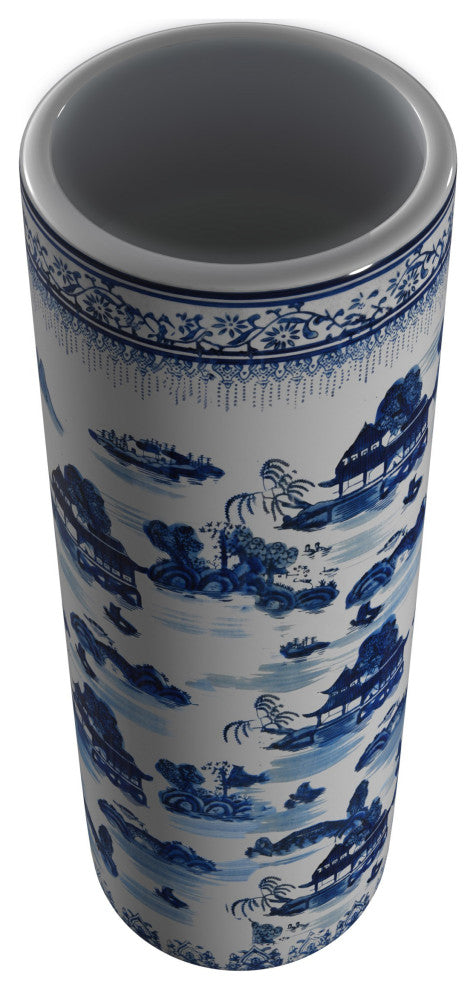 24" Landscape Blue and White Porcelain Umbrella Stand