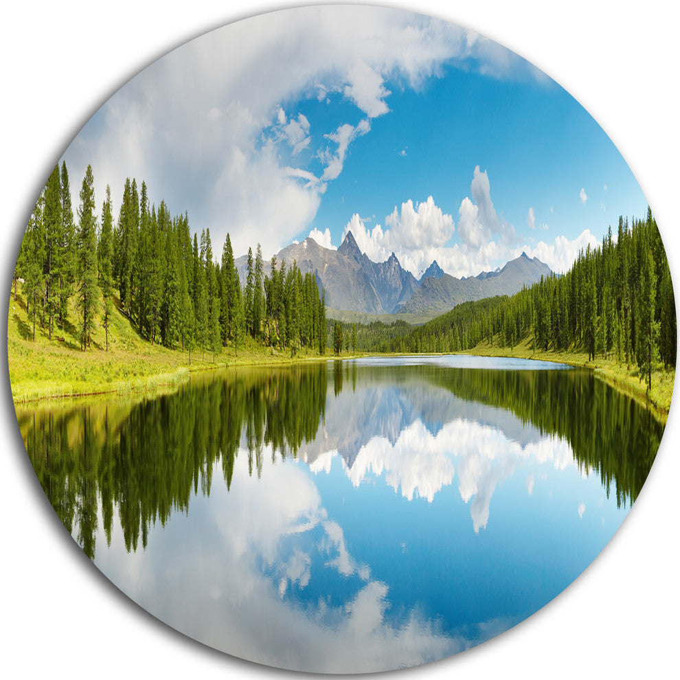 Bright Mountain Lake Panorama, Landscape Photo Round Metal Artwork, 38"