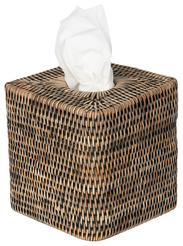 La Jolla Rattan Square Tissue Box Cover, Black-Wash