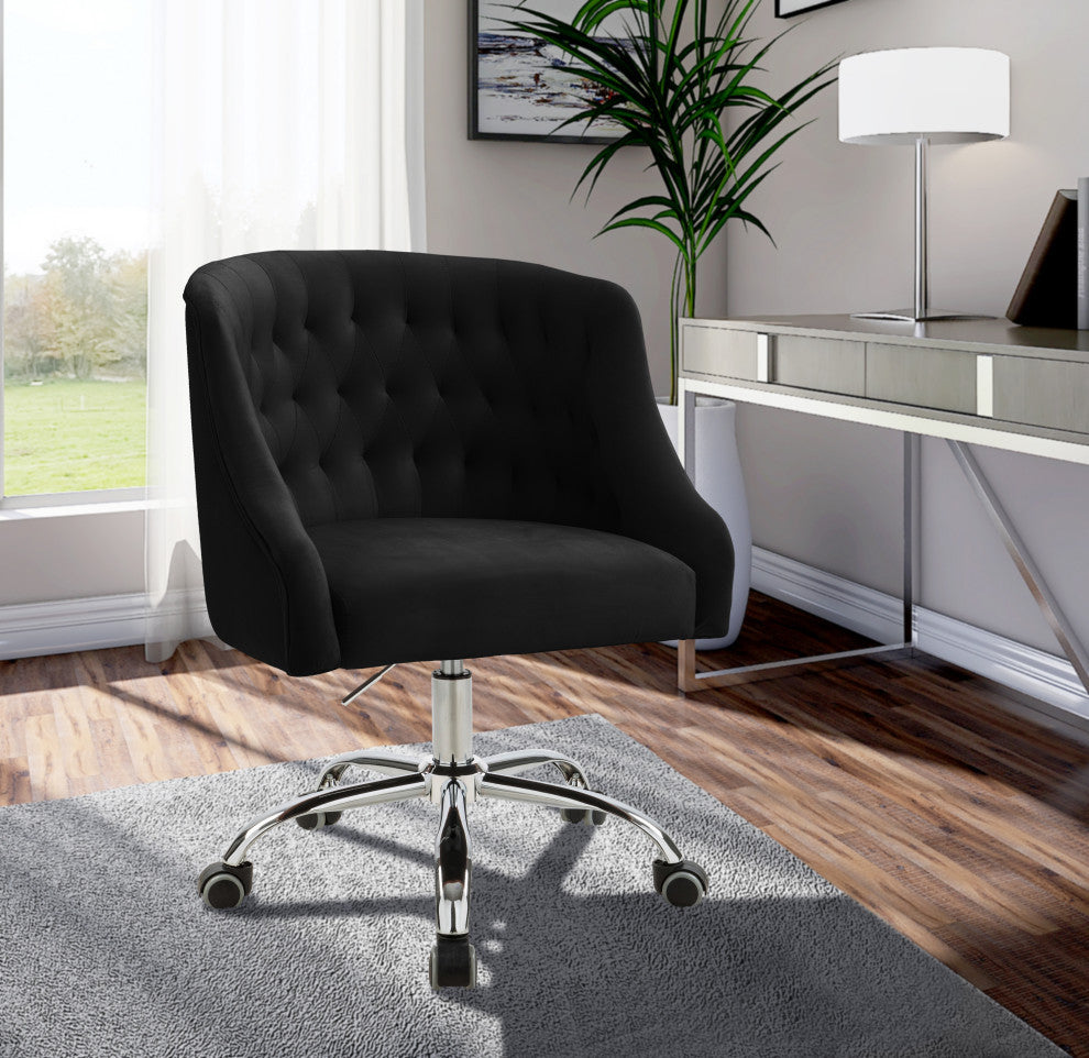 Arden Swivel and Adjustable Velvet Upholstered Office Chair, Black, Chrome Base