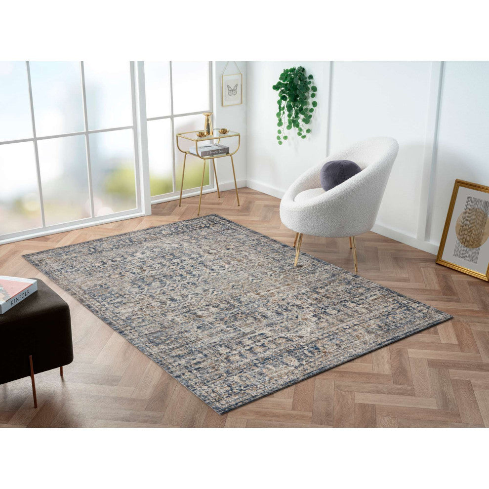 Ava Distressed Arabesc Area Rug, Navy, 3'3"x5'3"