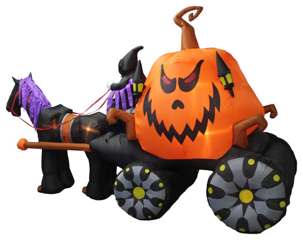 11.5' Long Halloween Inflatable Carriage With Ghost Skeleton and Pumpkin
