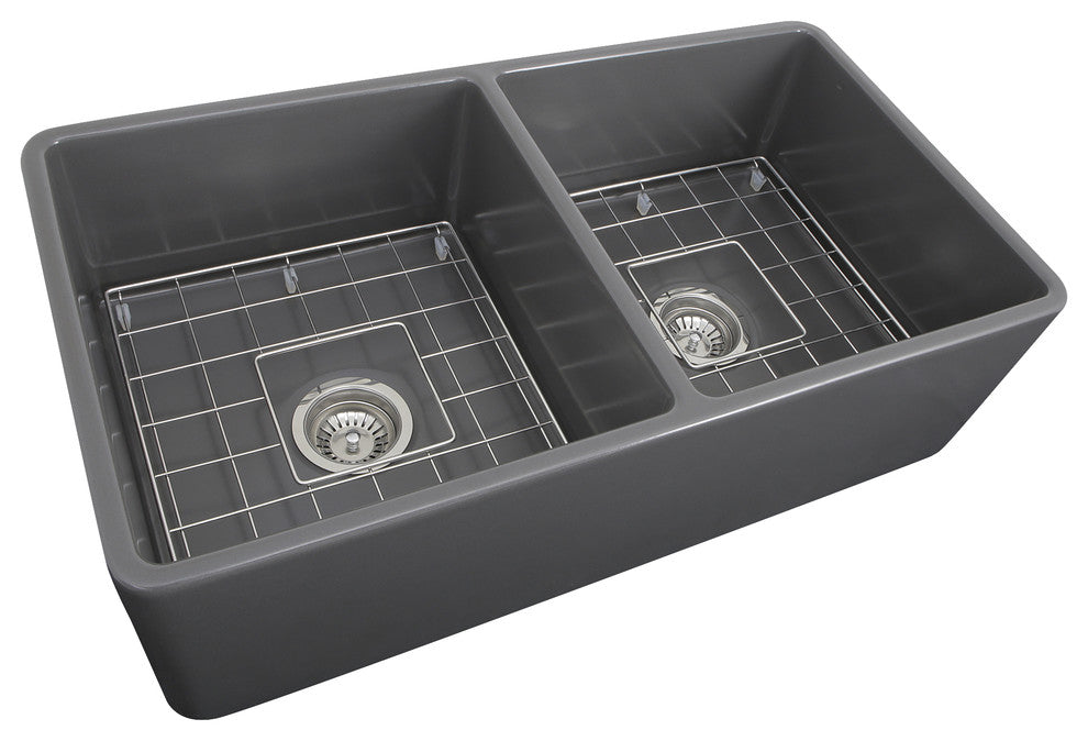 Nantucket Sinks 33'' Double Bowl Gray Fireclay Farmhouse Sink