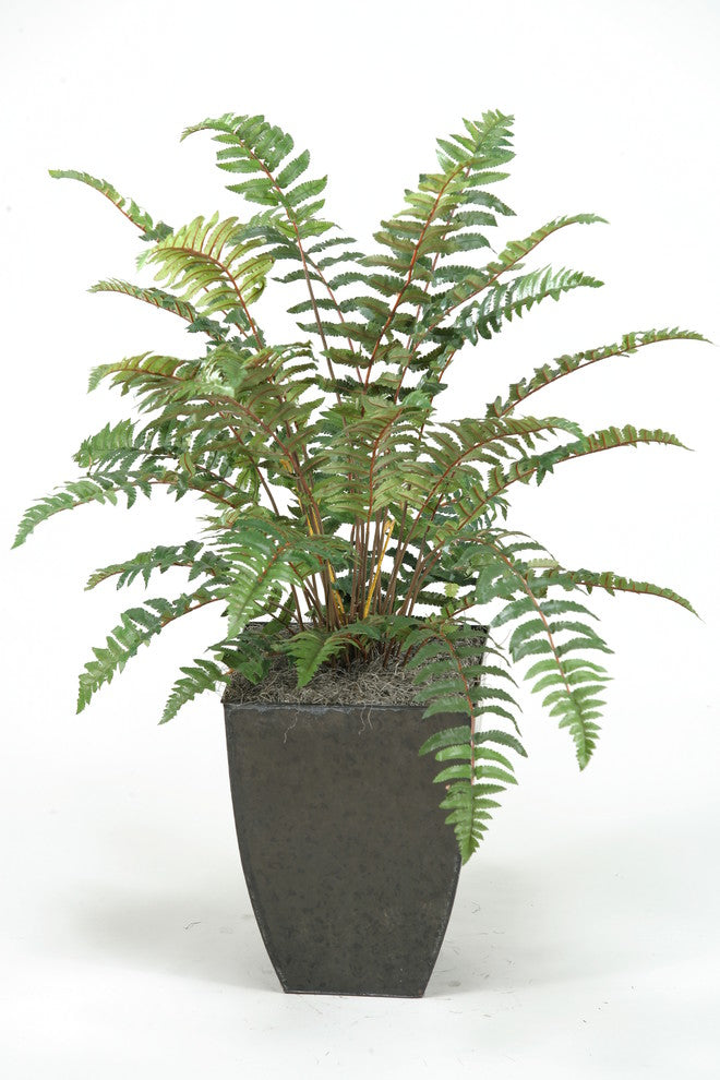 D&W Silks Leather Fern Plant in Square Metal Planter