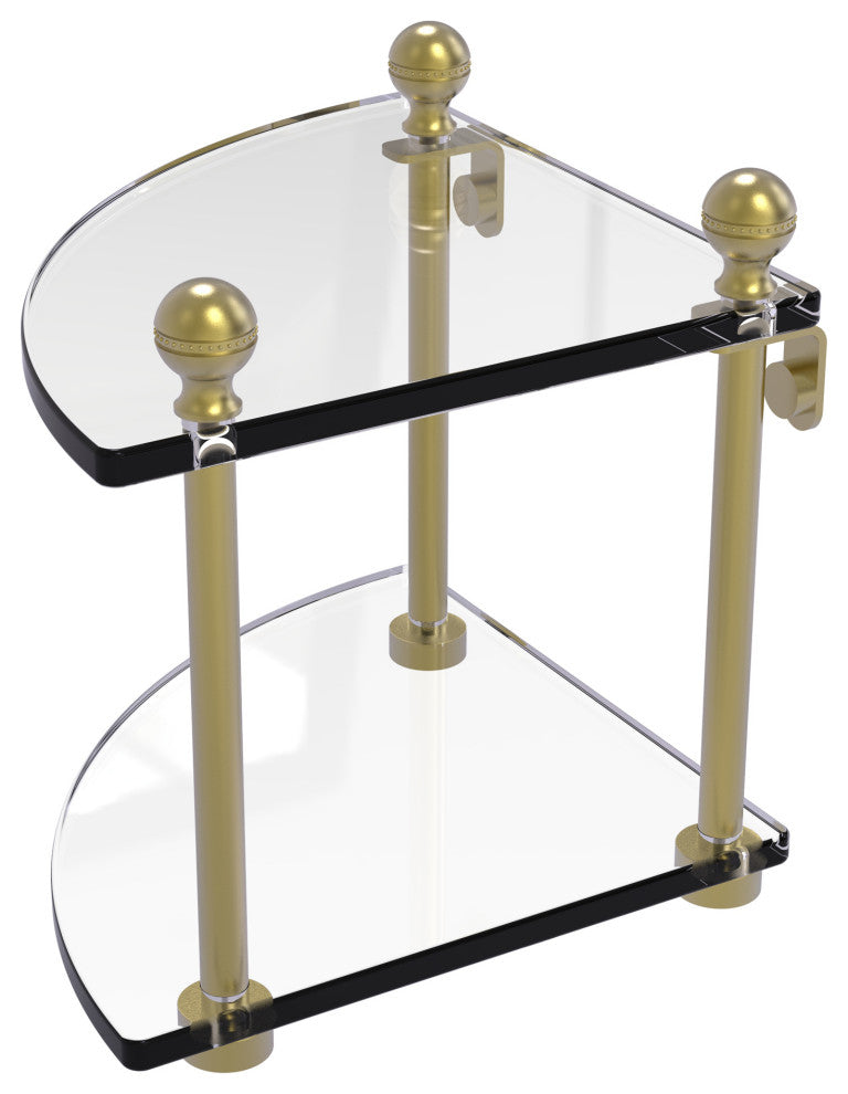 Mambo 2 Tier Corner Glass Shelf, Satin Brass