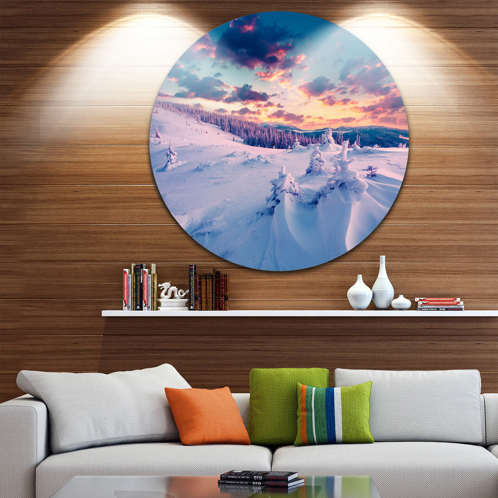Winter In Carpathian Mountains, Landscape Photo Disc Metal Artwork, 36"