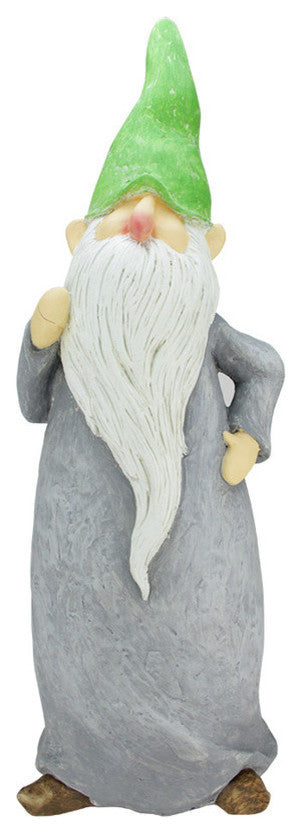 29" Standing Gnome With Gray Robe and Green Cap Outdoor Patio Garden Statue