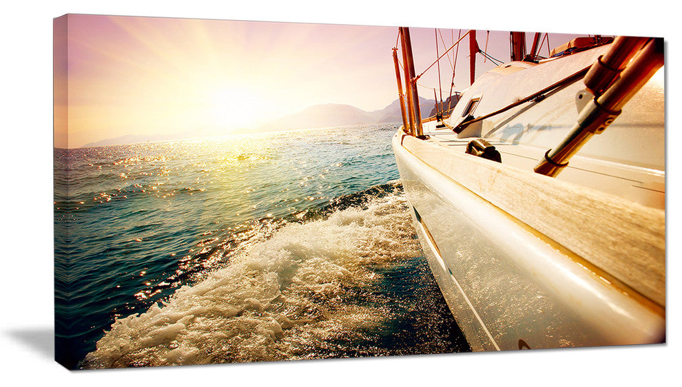 "Huge Yacht Sailing Against Sunset" Sea Pier Wall Art, 32"x16"