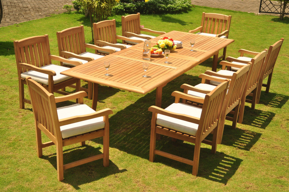 11-Piece Teak Dining Set, 117" Extension Rectangle Table, 10 Devon Arm Chairs