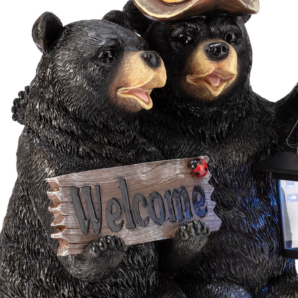 15" Tall Outdoor Bear Couple with Lantern and Welcome Sign Statue with Solar LED