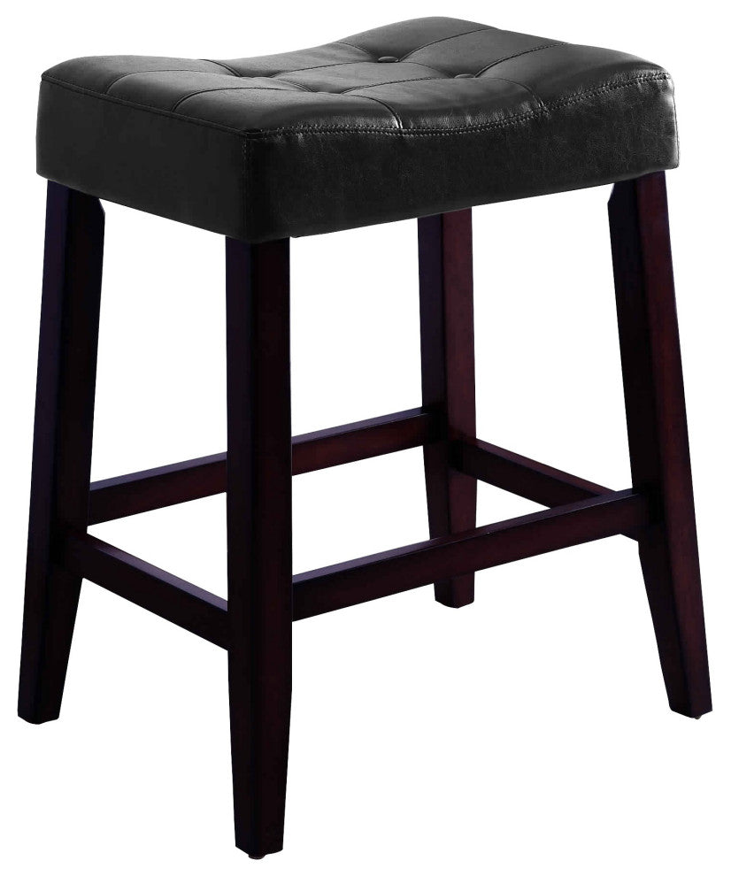 Wooden Stools with Saddle Seat and Button Tufts, Set of 2, Black and Brown