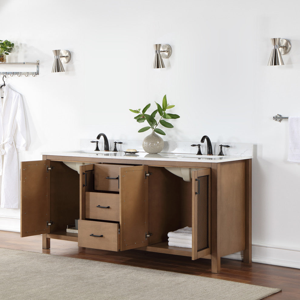 Hadiya Brown Pine Bathroom Vanity Set, 72", Without Mirror