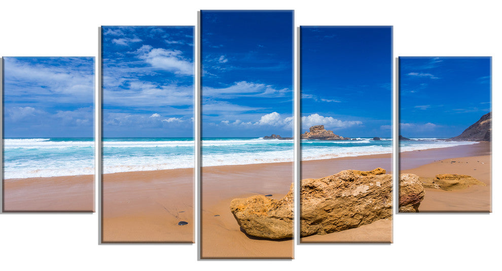 "Huge Brown Rock in Atlantic Seashore" Seashore Wall Art, 5 Panels, 60"x32"