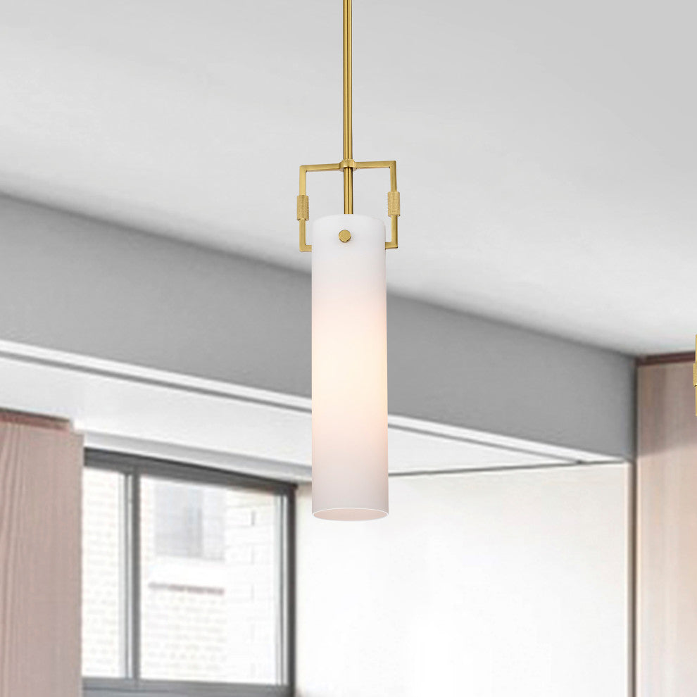 1-Light Gold Mini Pendant With White Cylindrical Glass Shade