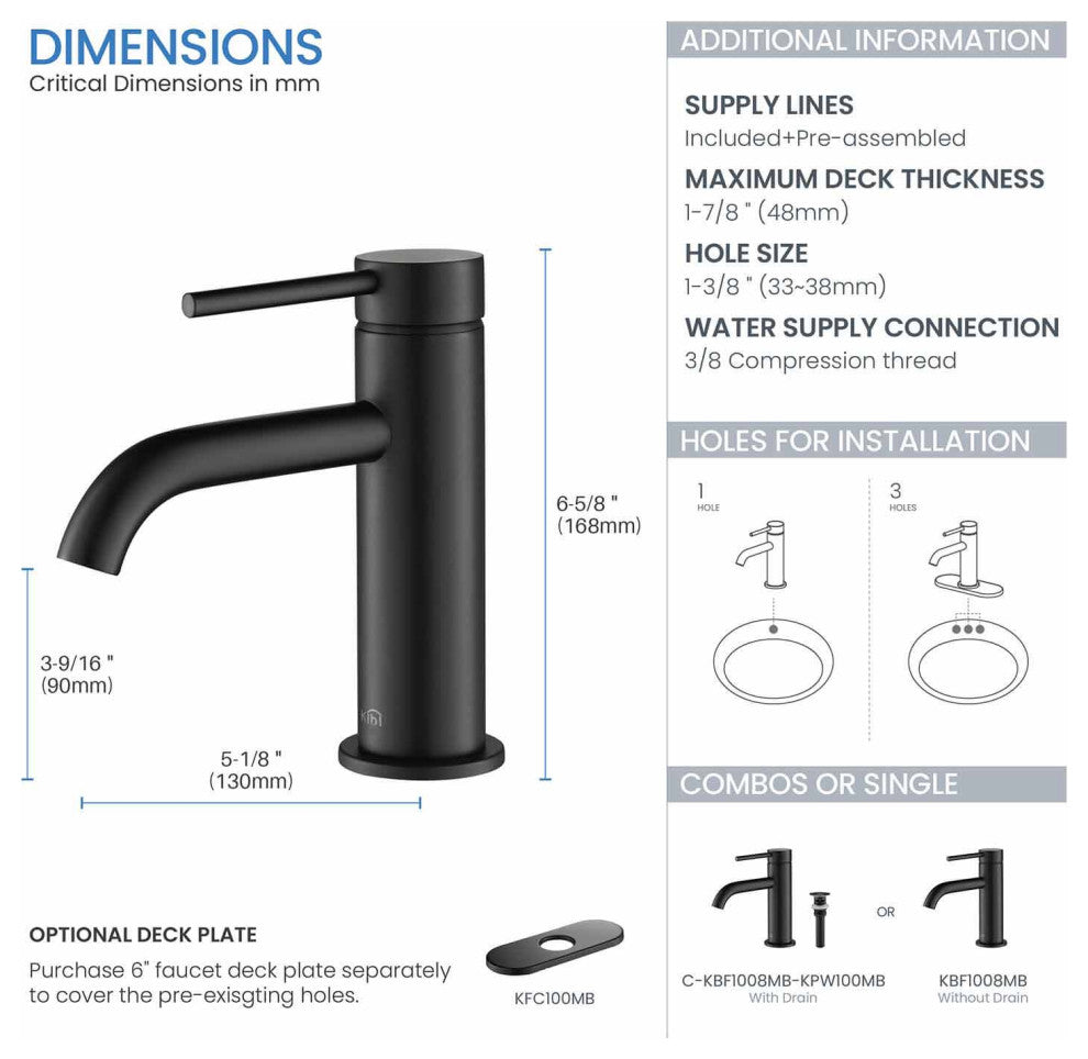 Circular Brass Single Handle Bathroom Faucet KBF1008, Matte Black, With Drain