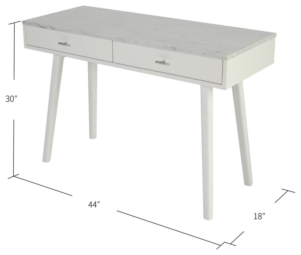 Viola 44" Rectangular Italian Carrara White Marble Writing Desk, White, 18" Wide