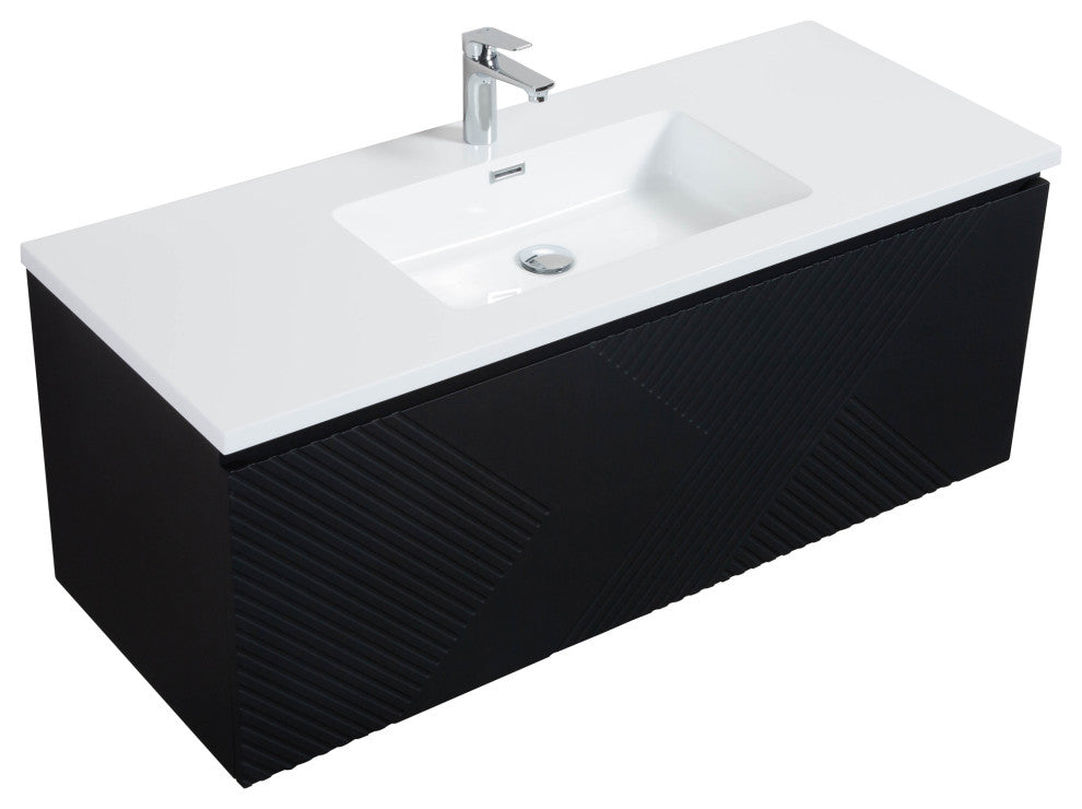 Matte Black Wall Mount Bath Vanity, Integrated Sink, White Sink, 48"