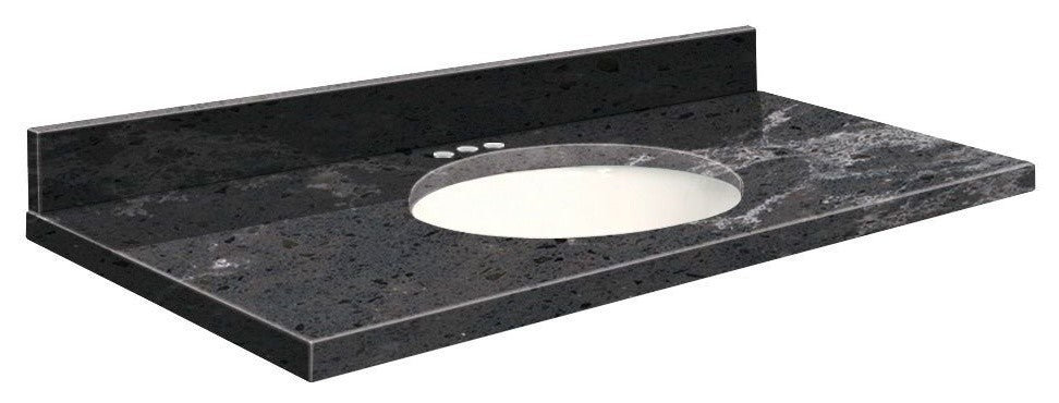 Quartz 43"x22" Vanity Top, White Bowl, Milky Way, 4" Centerset