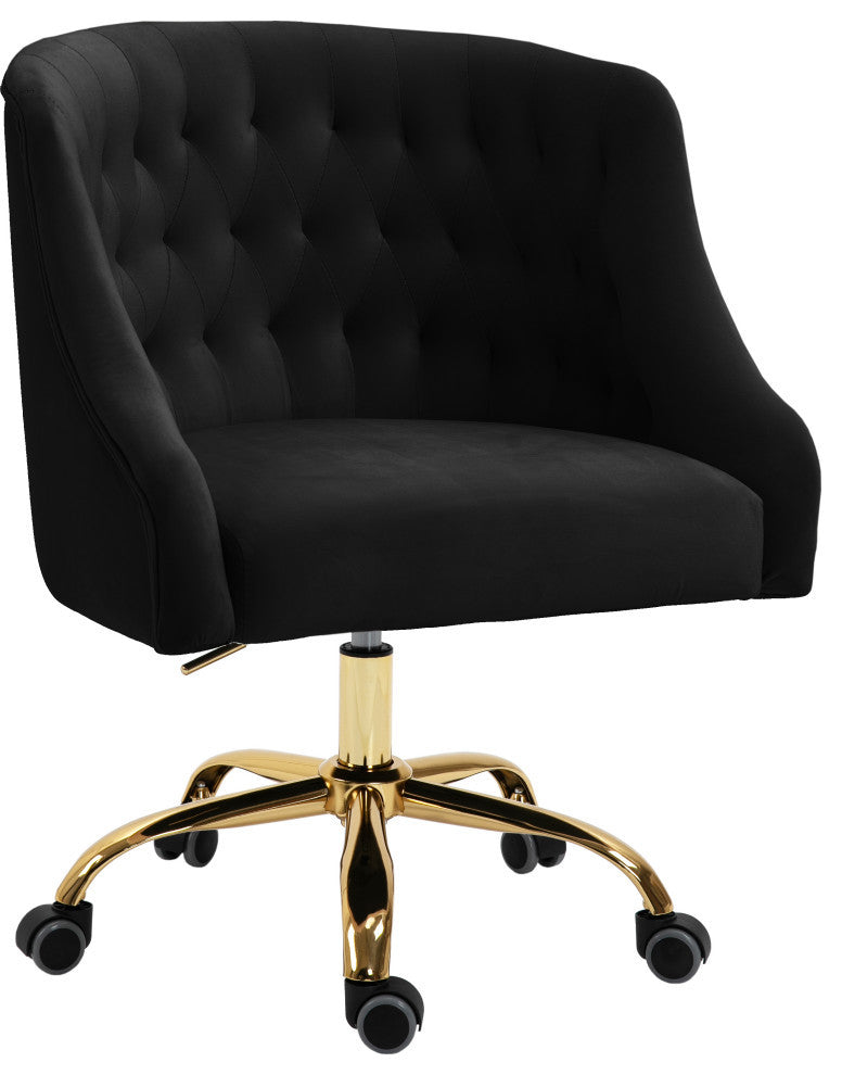 Arden Swivel and Adjustable Velvet Upholstered Office Chair, Black, Gold Base