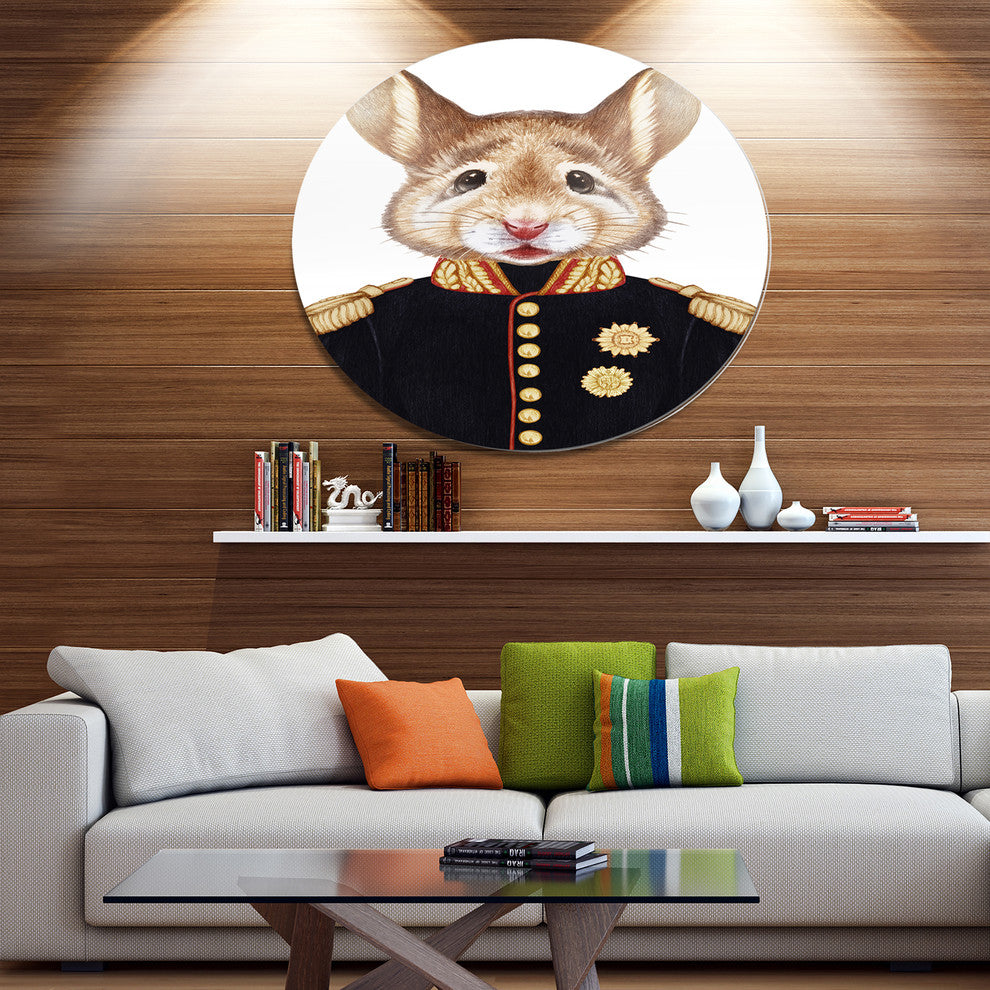 Mouse In Military Uniform, Modern Animal Large Disc Metal Wall Art, 36"