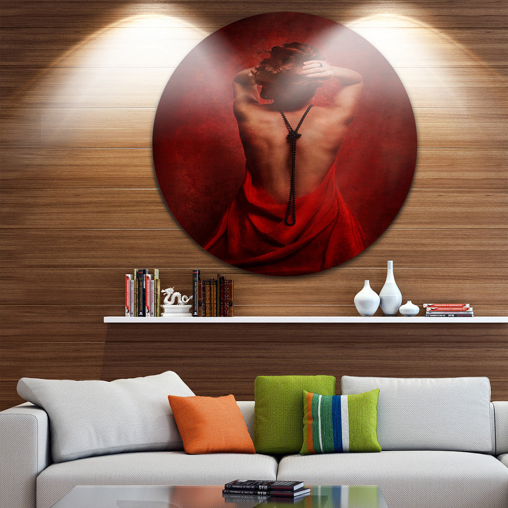 Woman In Red, Portrait Contemporary Large Disc Metal Wall Art, 23"