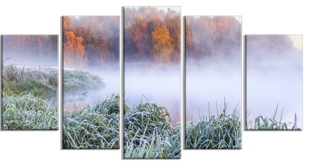"Foggy Autumn Dawn Panorama" Landscape Print Wall Artwork, 5 Panels, 60"x32"