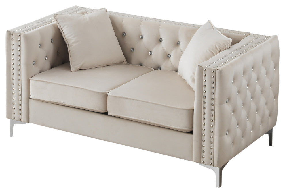 Paige Velvet Tufted Loveseat, Ivory