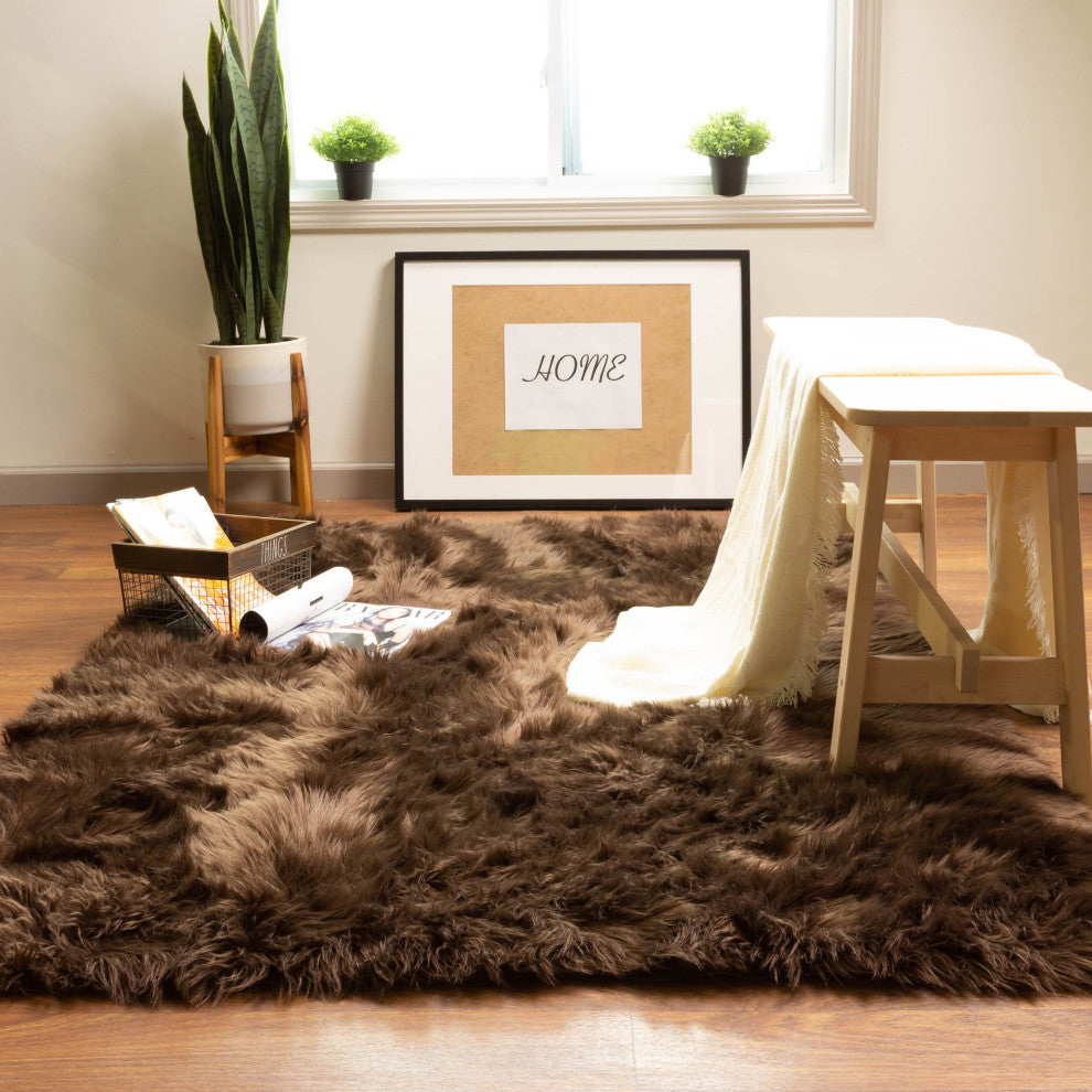 Plush and Soft Faux Sheepskin Fur Shag Area Rug, Dark Brown, 6' X 9'