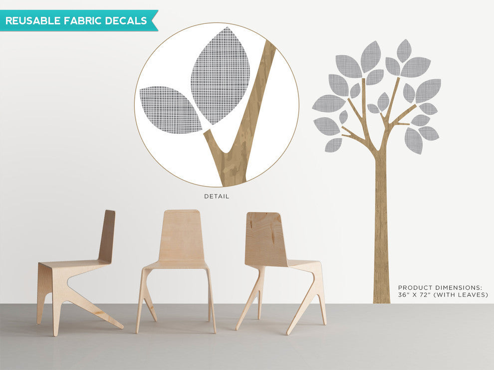 Modern Tree Fabric Wall Decal With Patterned Leaves, Charcoal