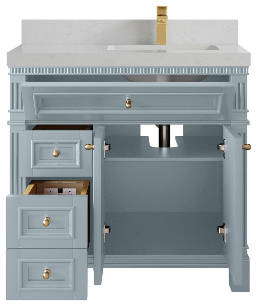 Paris 36" Right Offset Bathroom Vanity, Blue Heather 2" Carrara Quartz