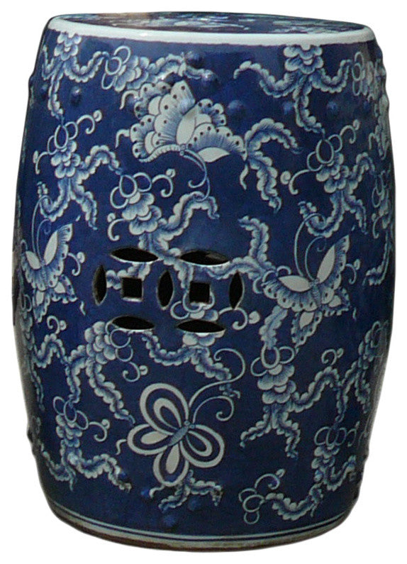 Chinese Blue and White Porcelain Round Butterflies Stool